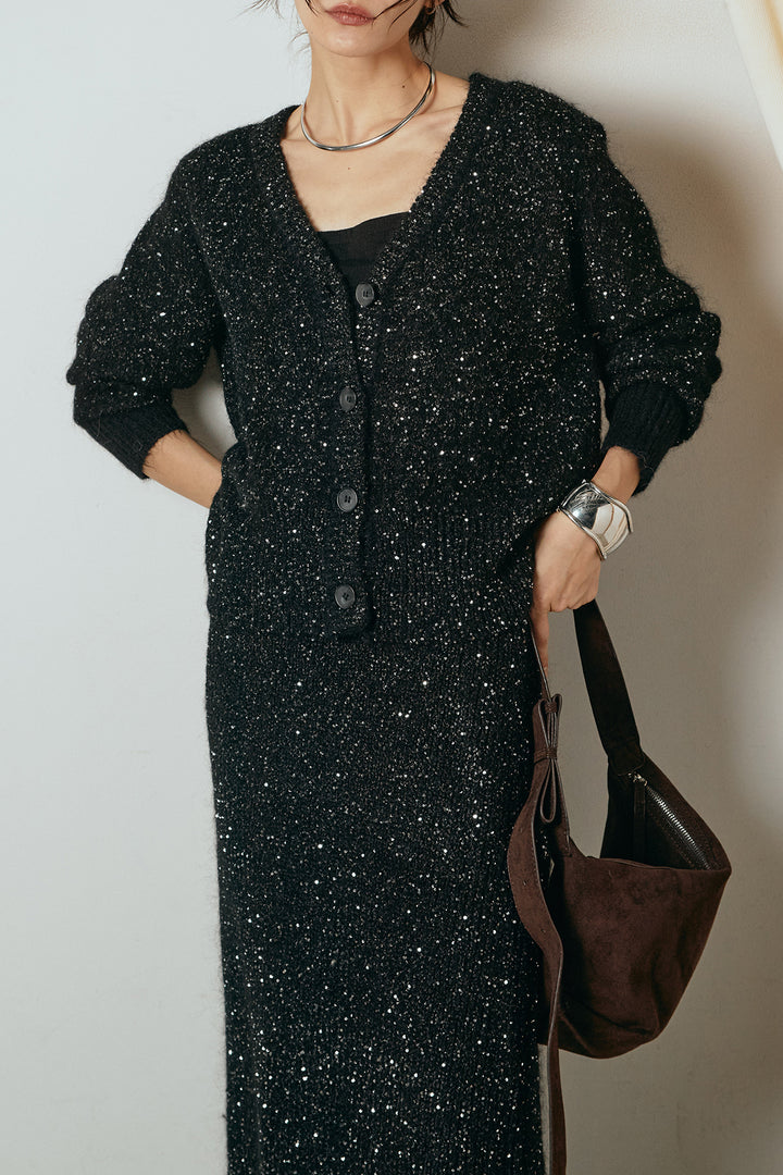 [SET]ミニラメニットカーディガン+ミニラメニットスカート(2set)