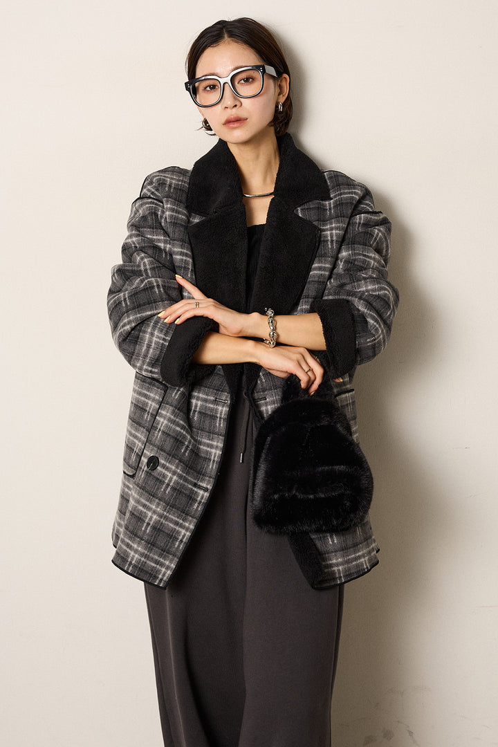 [SET]裏地ボアタータンチェック柄ミディアムコート+裏起毛スウェットワイドパンツ(2set)