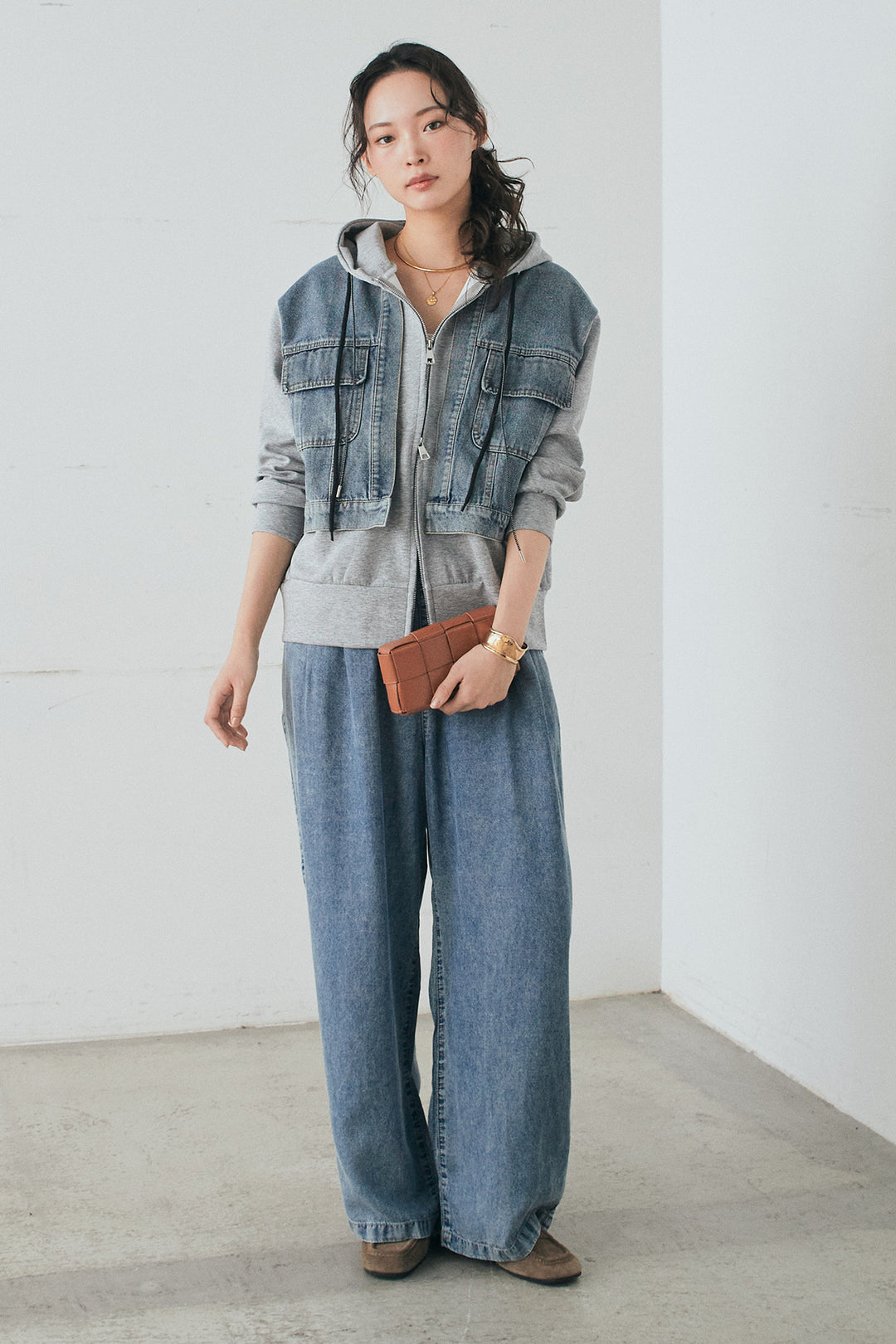 [SET]デニム切替ポンチダブルジップパーカー+テンセルデニムイージーワイドパンツ(2set)