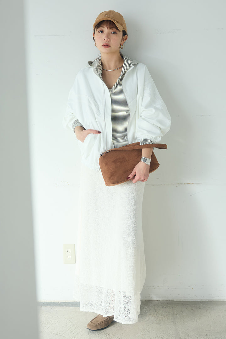 [SET]マルチ切り替えドルマンブルゾン+メッシュ刺繍ロングスカート+ボーダーフーディーロンT(3set)