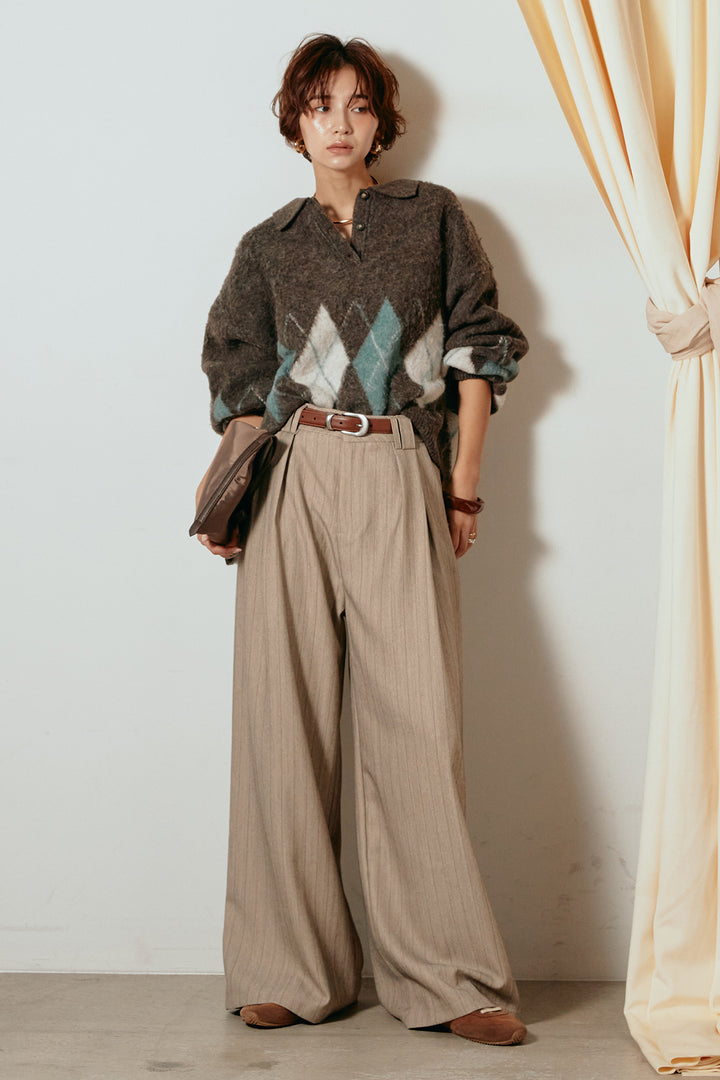 [SET]アーガイル柄ポロニットトップス+ストライプヘリンボーンパンツ(2set)