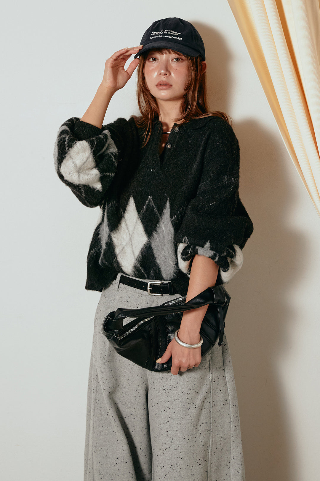 [SET]アーガイル柄ポロニットトップス+ベルト付きネップツイードカーブパンツ(2set)