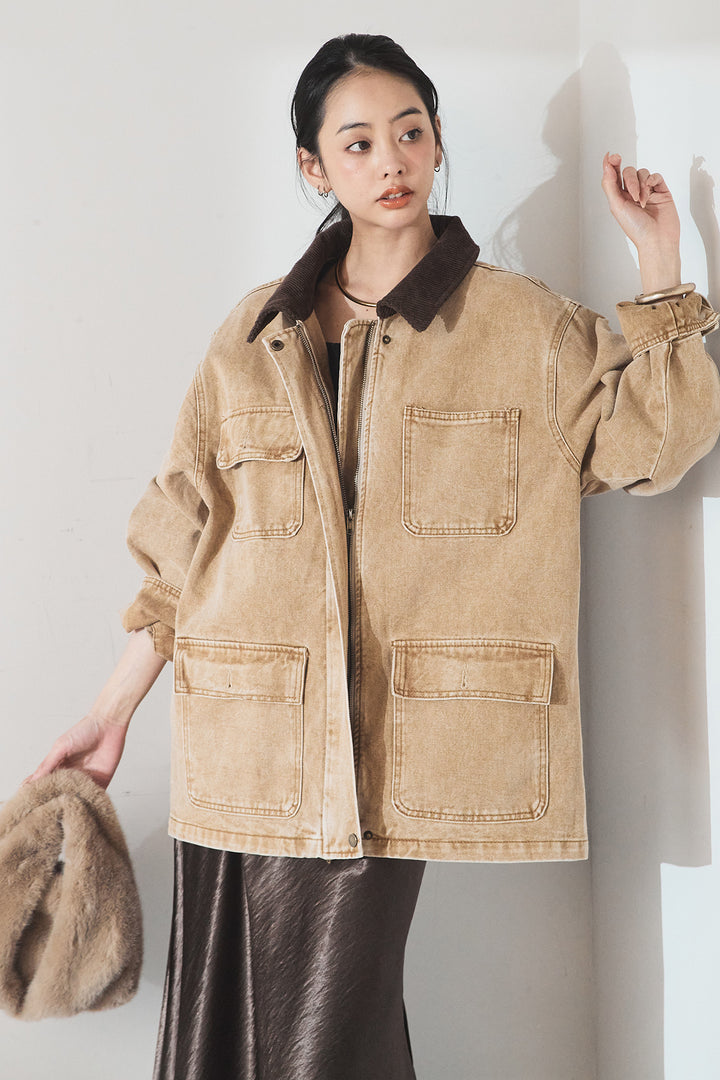 [SET]襟コーデュロイジップデニム調カバーオール+裾レースデザインサテンスカート(2set)