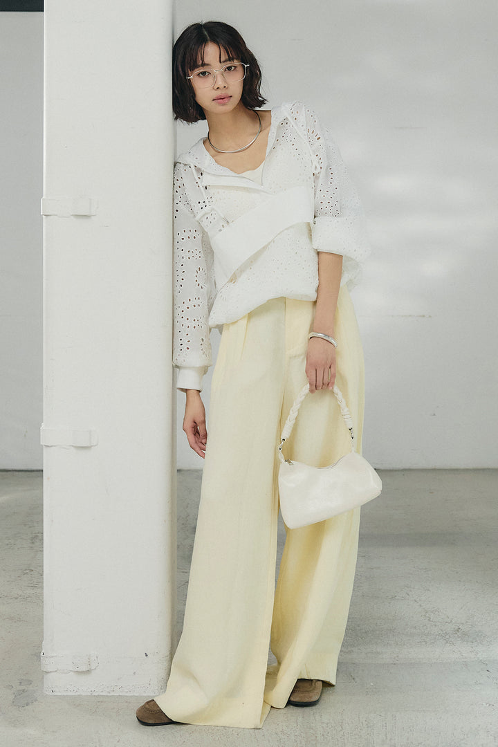 [SET]レースハーフジップアップフーディー+リネン混タックストレートワイドパンツ(2set)