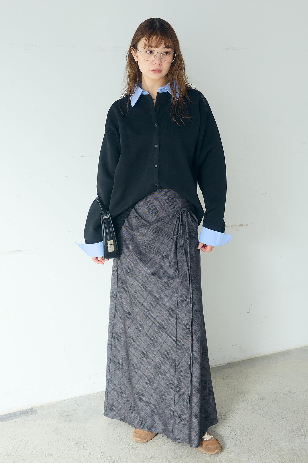 [SET]シャツレイヤード風カーディガン+タータンチェック柄フロントデザインスカート(2set)