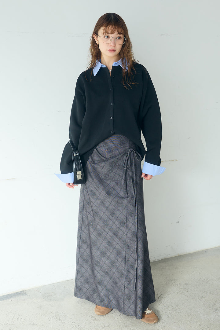 [SET]シャツレイヤード風カーディガン+タータンチェック柄フロントデザインスカート(2set)