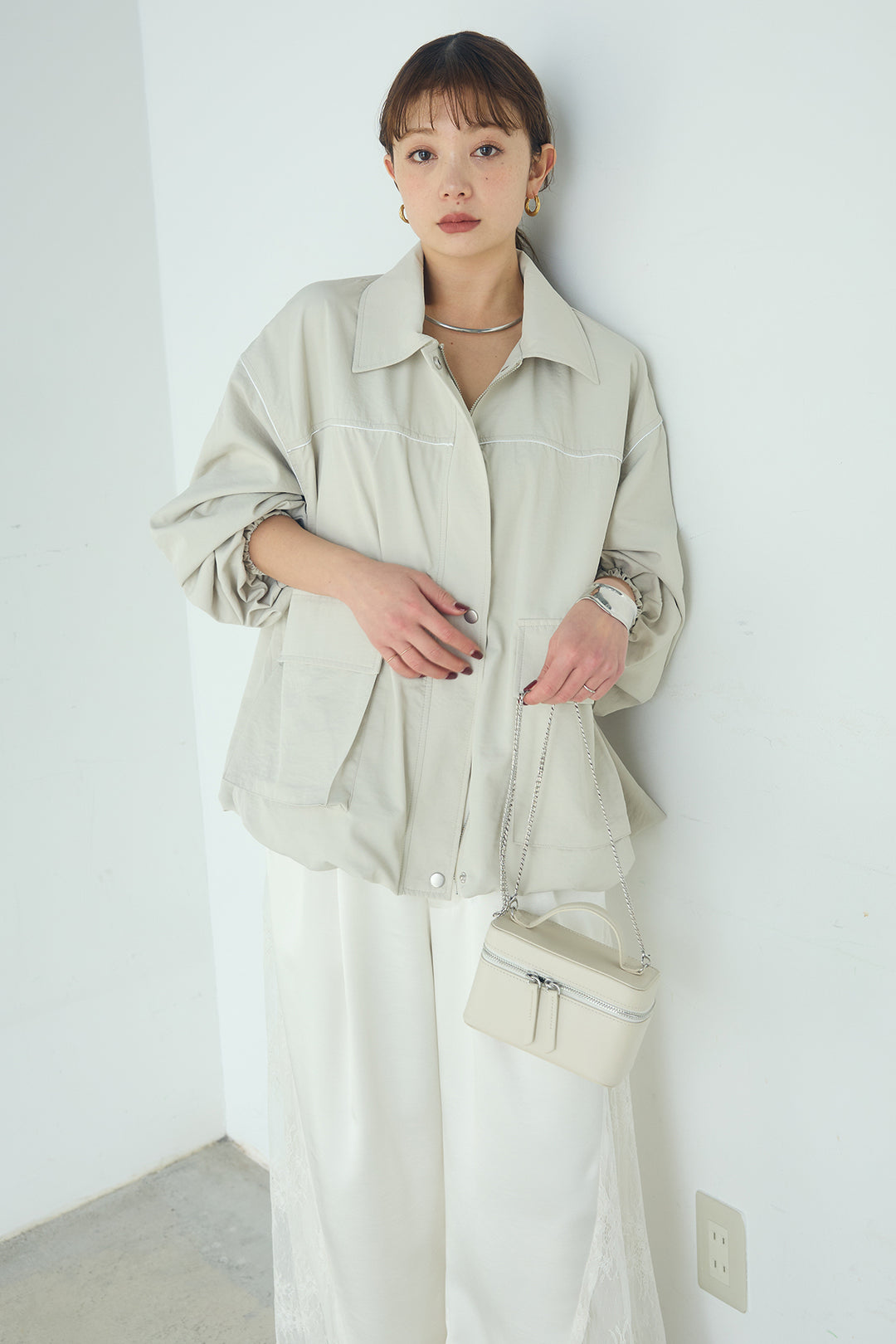 [SET]合繊ツイルバルーンジャケット+サテンレース切り替えタックパンツ(2set)