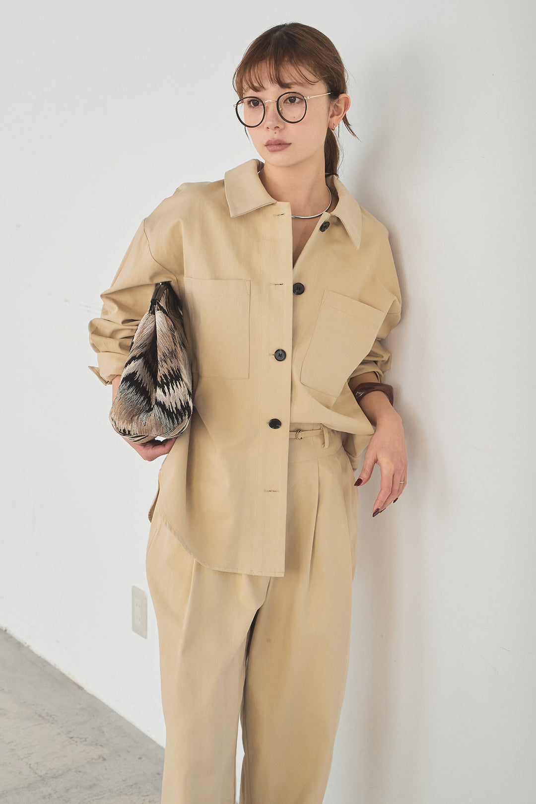 [SET]ツイルシャツジャケット+ツイルハイウエストタックパンツ(2set)