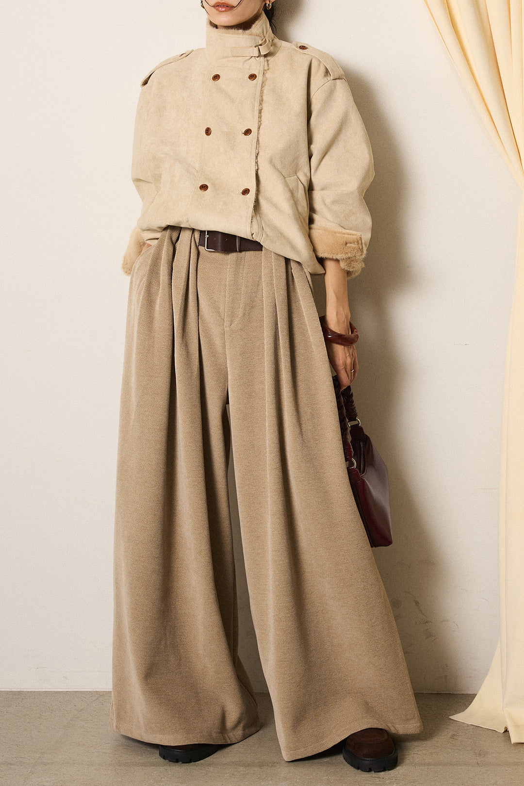 [SET]スタンド襟スウェードライクアウター+ベルトループコーデュロイワイドパンツ(2set)