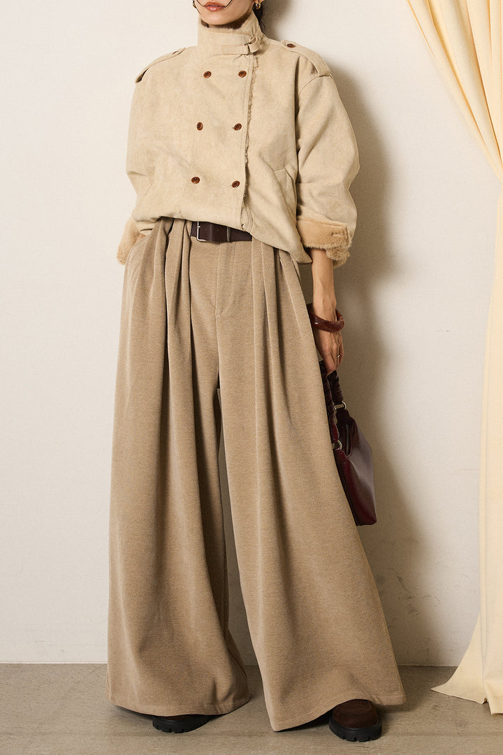 [SET]スタンド襟スウェードライクアウター+ベルトループコーデュロイワイドパンツ(2set)