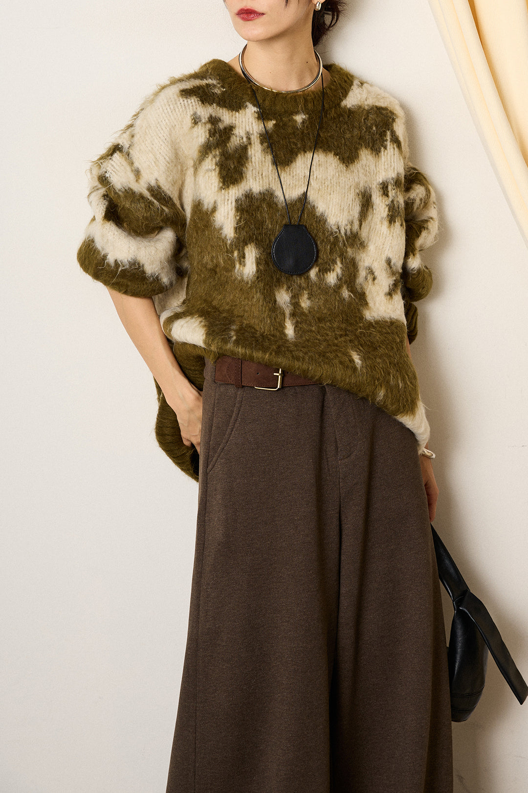 [SET]モヘアタッチマーブルニット+サイドベルトパンツ(2set)