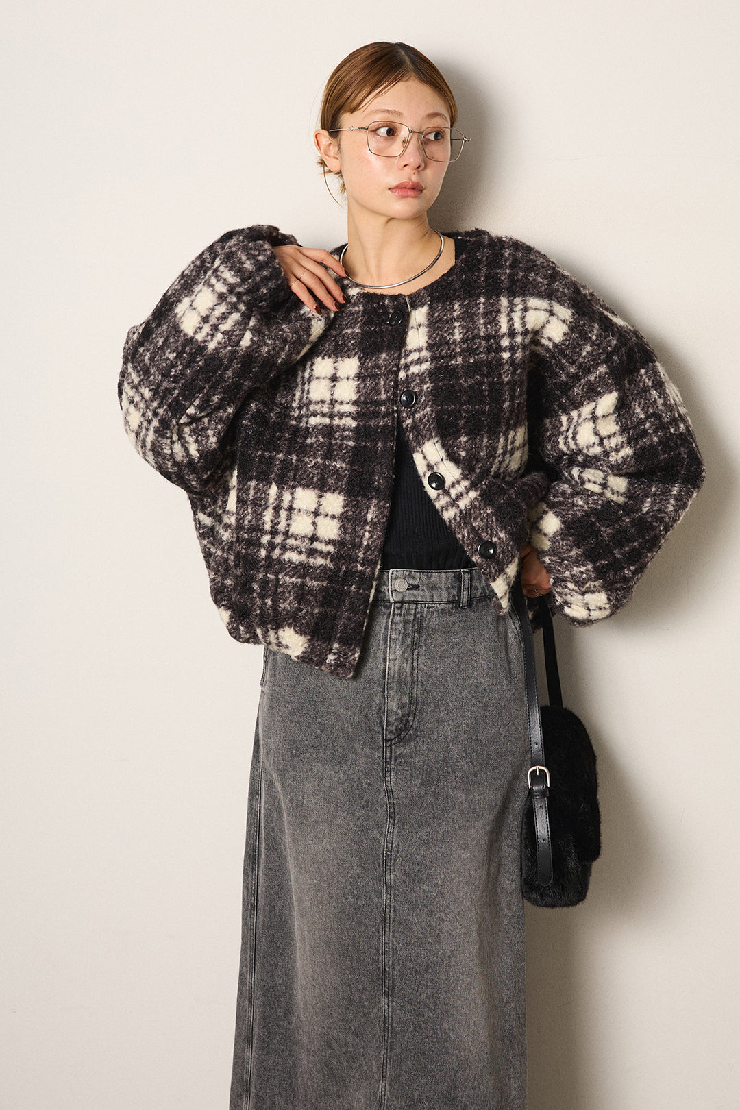 [SET]ノーカラーチェック柄ボアブルゾン+デニムロングフレアスカート(2set)