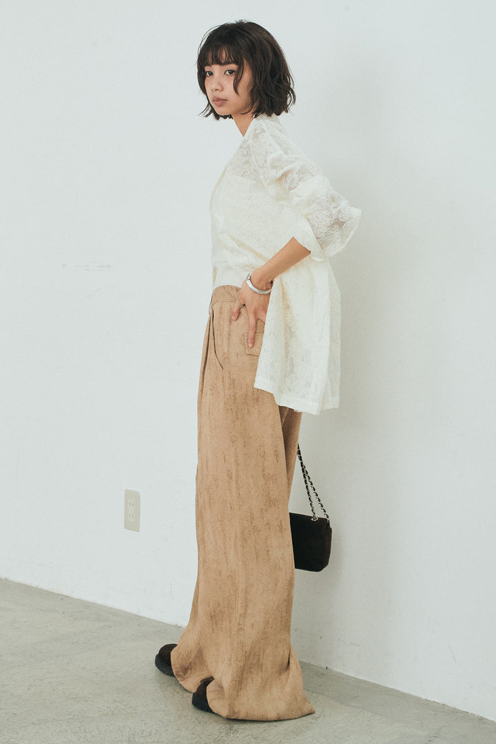 [SET]刺繍シアーオープンカラーシャツ+リネン混かすれ柄ワイドパンツ(2set)