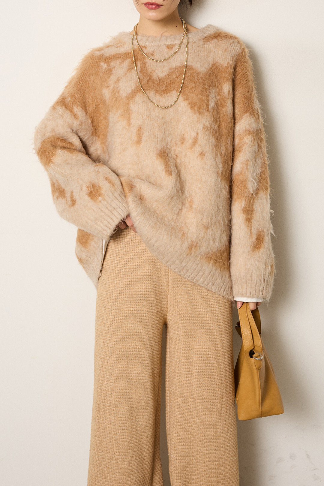 [SET]モヘアタッチマーブルニット+ワイドリブニットイージーパンツ(2set)