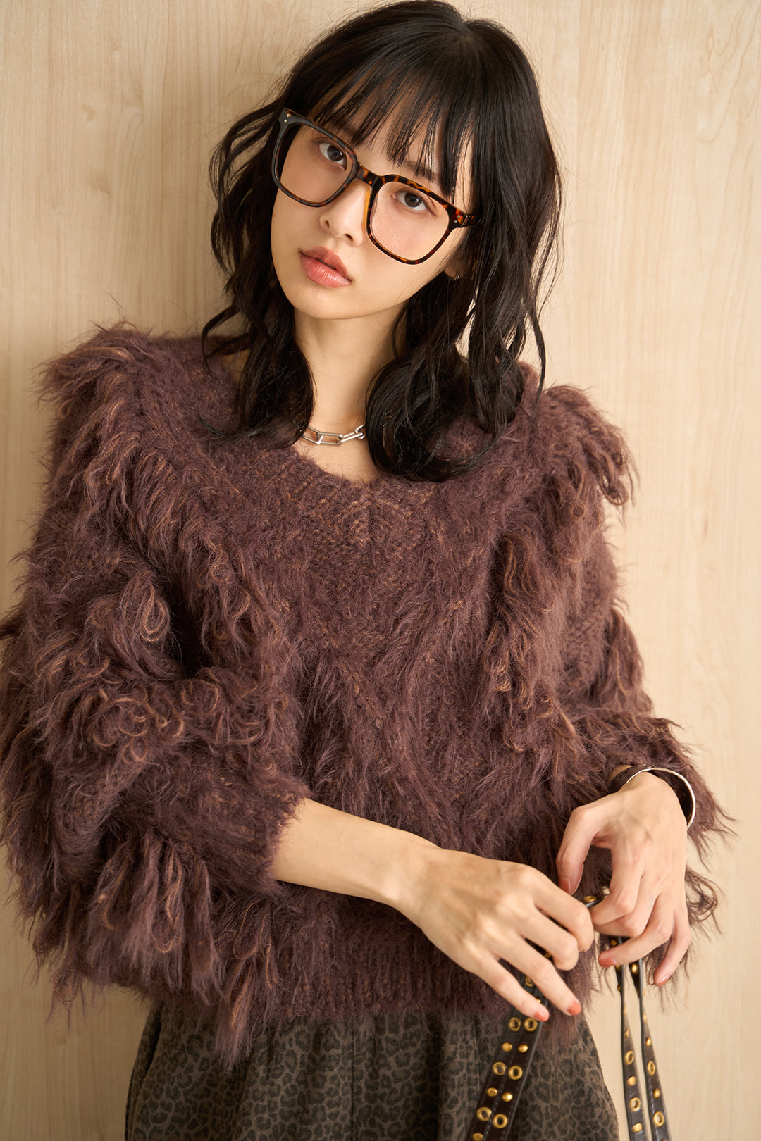 [SET]ランダムロングシャギーVネックニット+起毛レオパード柄カーブワイドパンツ(2set)