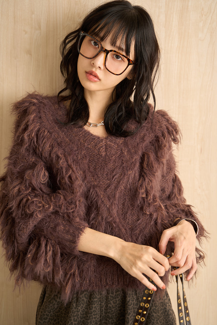 [SET]ランダムロングシャギーVネックニット+起毛レオパード柄カーブワイドパンツ(2set)