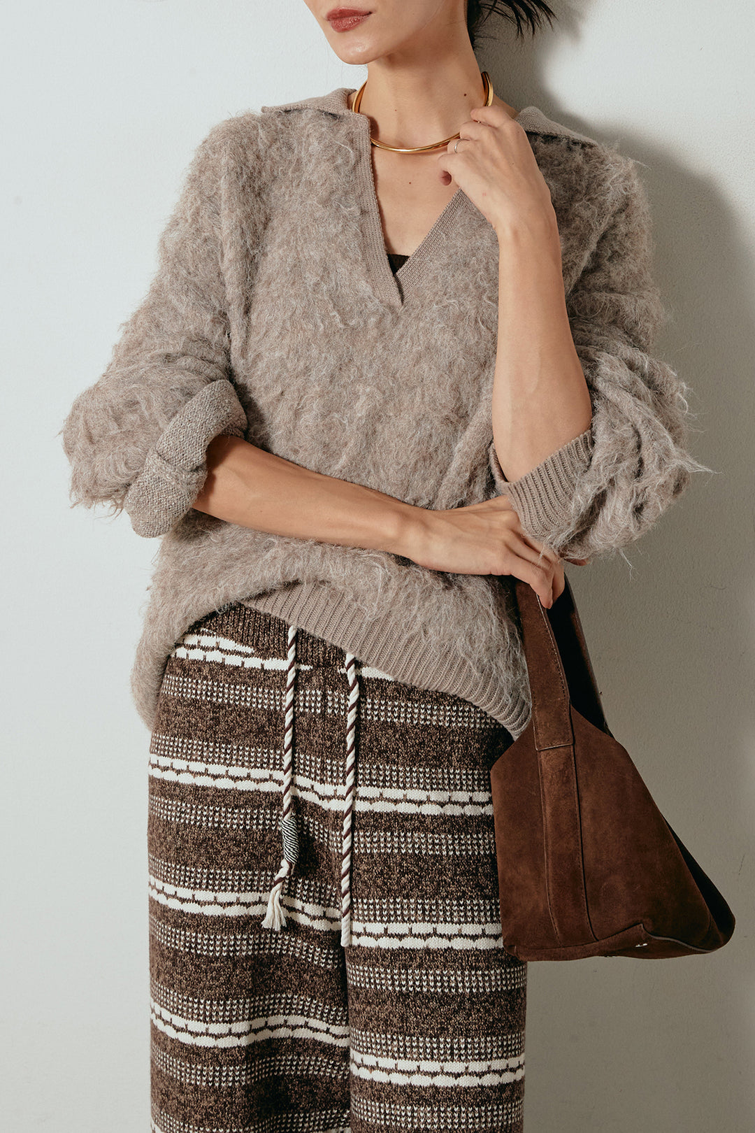 [SET]襟付きシャギーニットポロトップス+マルチライン柄リラックスニットパンツ(2set)