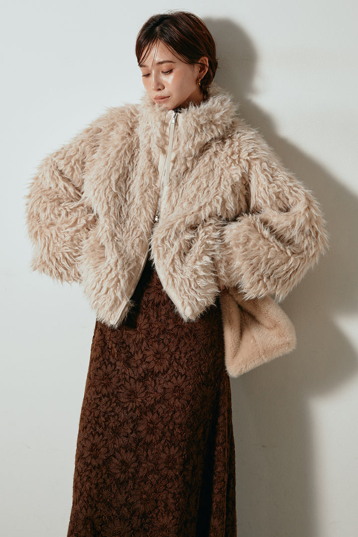 [SET]ミックスシープファースタンドブルゾン+花柄刺繍ベロアフレアスカート(2set)