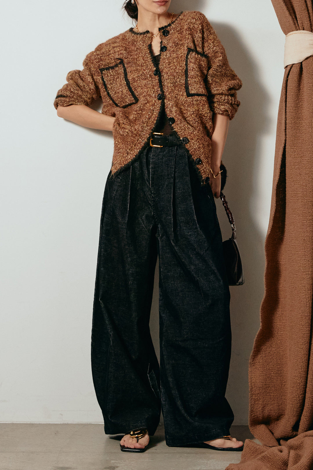 [SET]ミックスニットポケットカーディガン+フロントタック入りコーデュロイパンツ(2set)