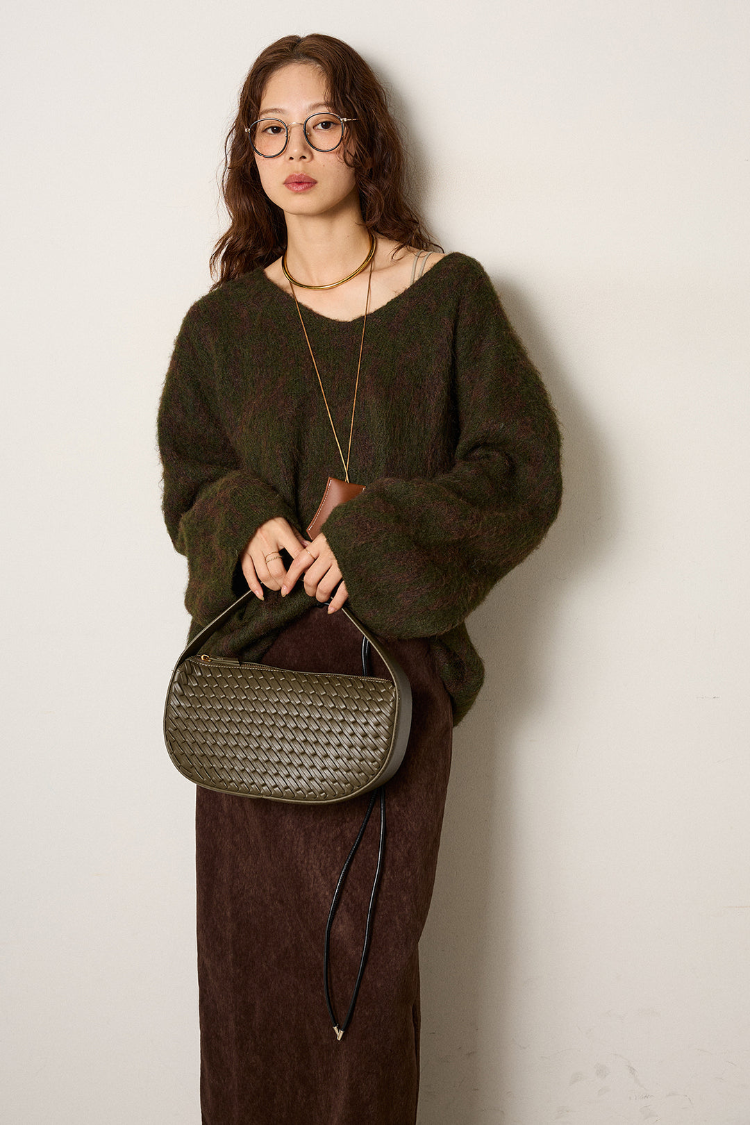 [SET]フラッフィーレオパードシャギーニット+ロープベルト付きスウェード調スカート(2set)