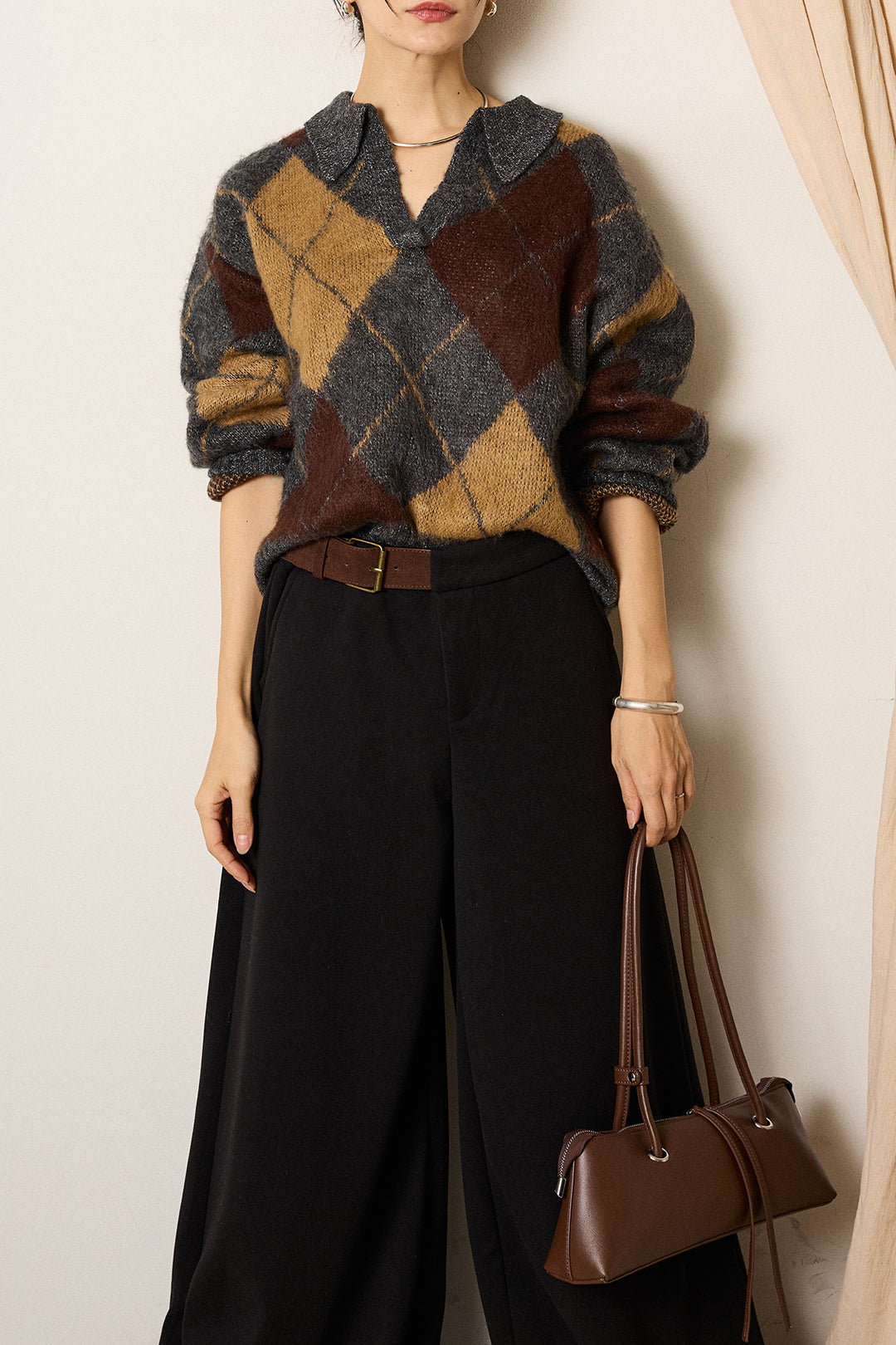 [SET]アクリルモヘアアーガイルキーネックプルオーバー+サイドベルトパンツ(2set)