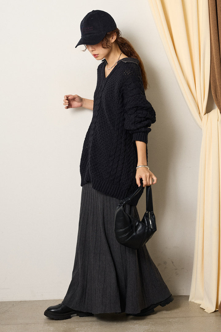 [SET]デニムカラーケーブルオーバーニット+編み地切り替えフレアニットスカート(2set)