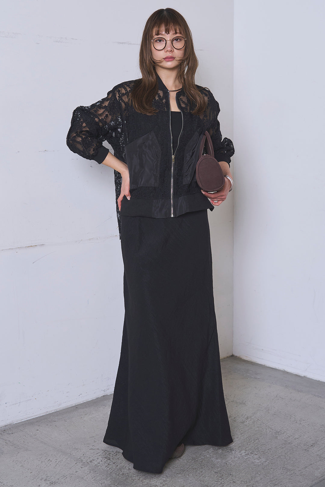 [SET]ノーカラーレースブルゾン+リネンブレンドロングナロースカート(2set)