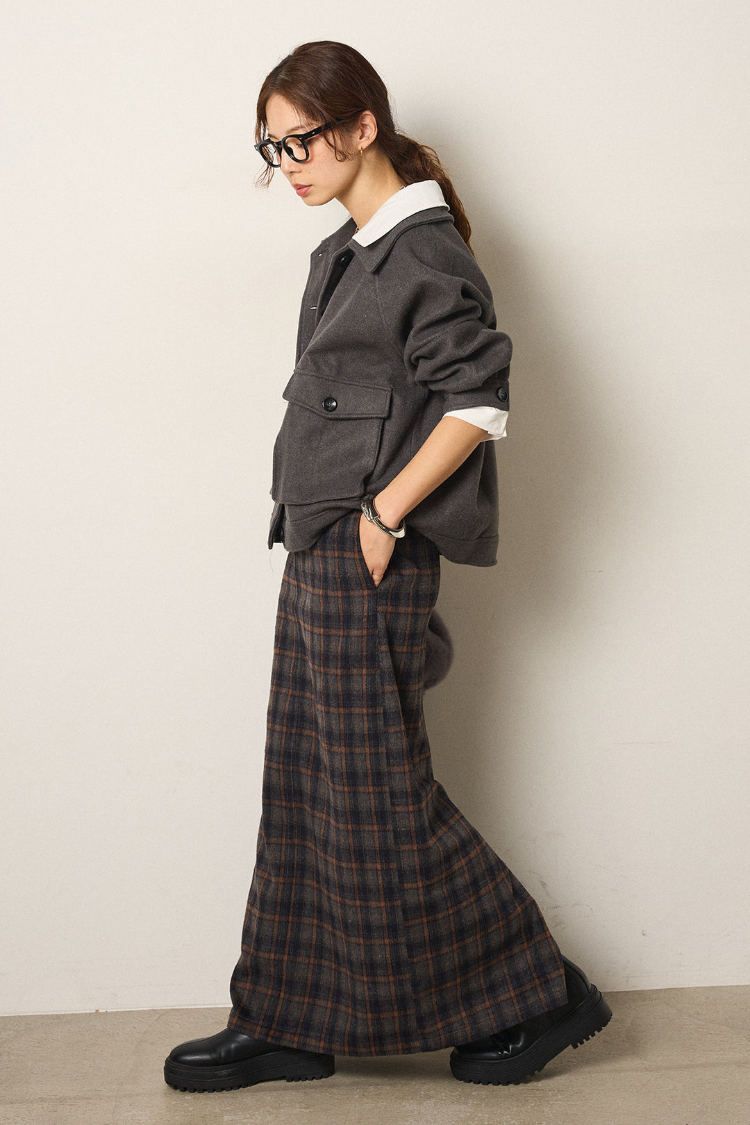 [SET]衿レイヤードフェイクウールジャケット+シャギーチェックストレートスカート(2set)