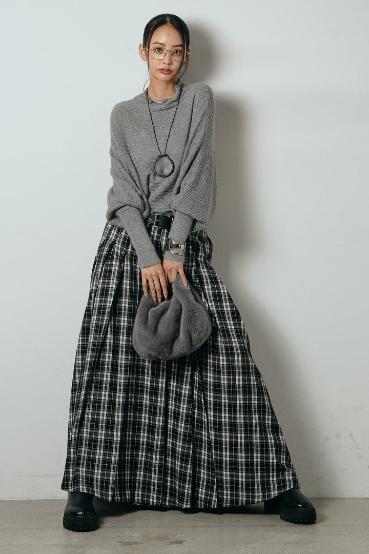[SET]ポンチョシルエット透かしニットトップス+ベルト付きタータンチェックプリーツスカート(2set)