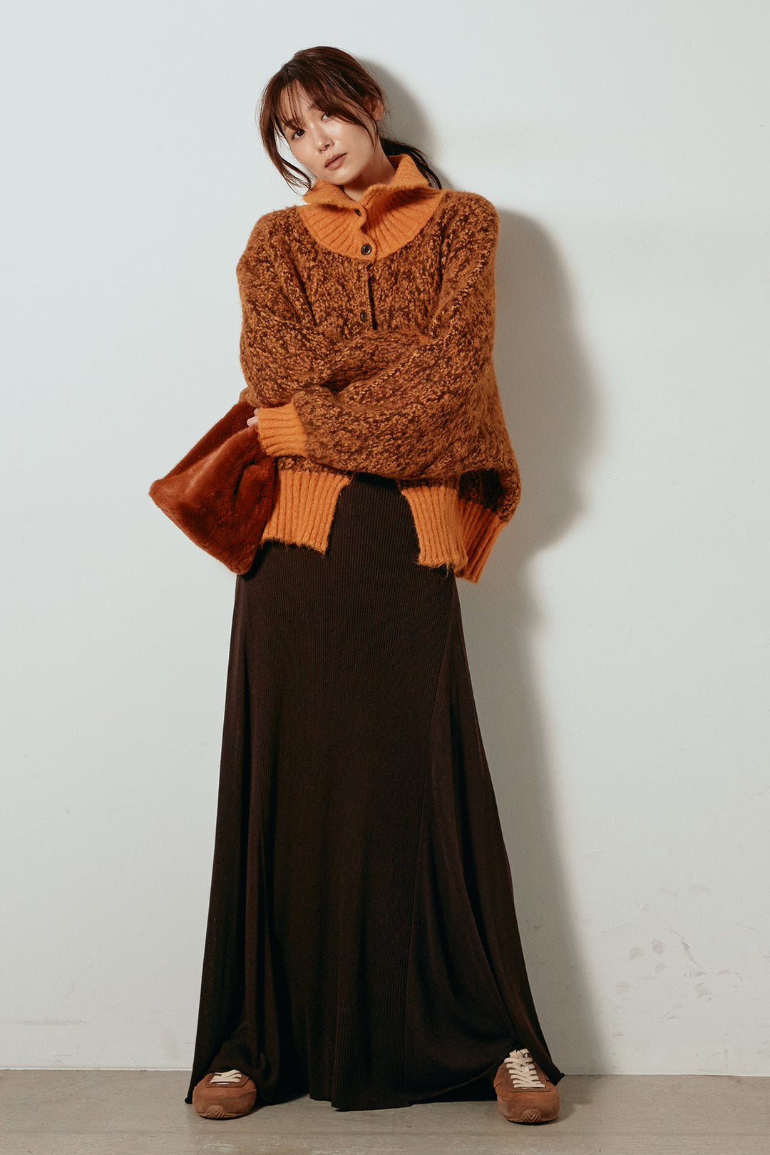 [SET]ハイネックミックスニットトップス+サイド切り替えリブニットロングスカート(2set)