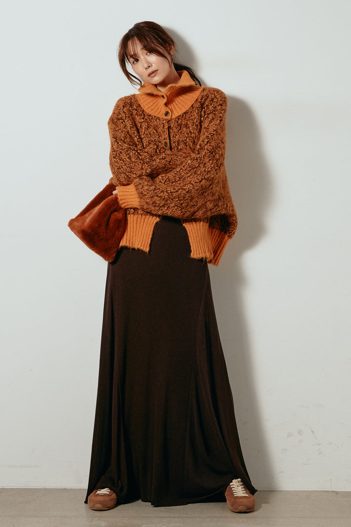 [SET]ハイネックミックスニットトップス+サイド切り替えリブニットロングスカート(2set)