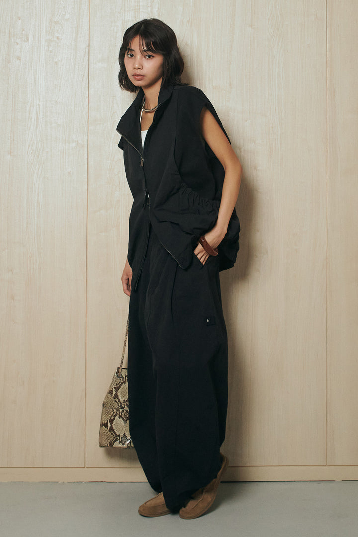 [SET]ショルダー切替スタンドネックジップベスト+コットンポリツータックセンターシームカーブパンツ(2set)