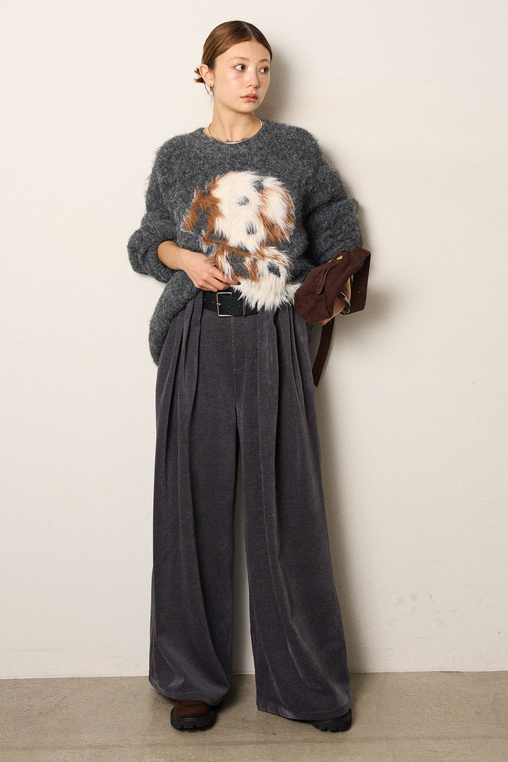 [SET]シャギーニュアンスアニマルニット+ベルトループコーデュロイワイドパンツ(2set)