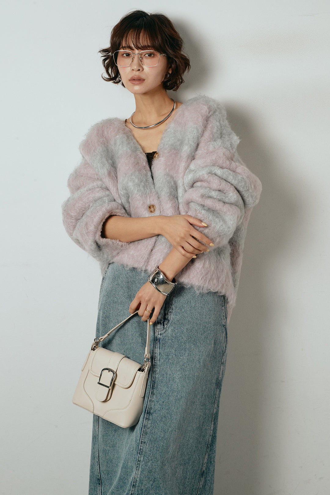 [SET]シャギーボーダー柄ニットカーディガン+デニムロングフレアスカート(2set)