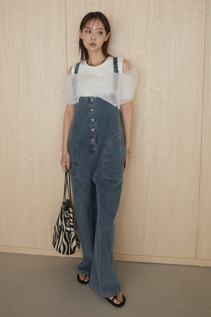 [SET]シアーレイヤーデザインカットソー+フロントボタンデニムサロペット(2set)