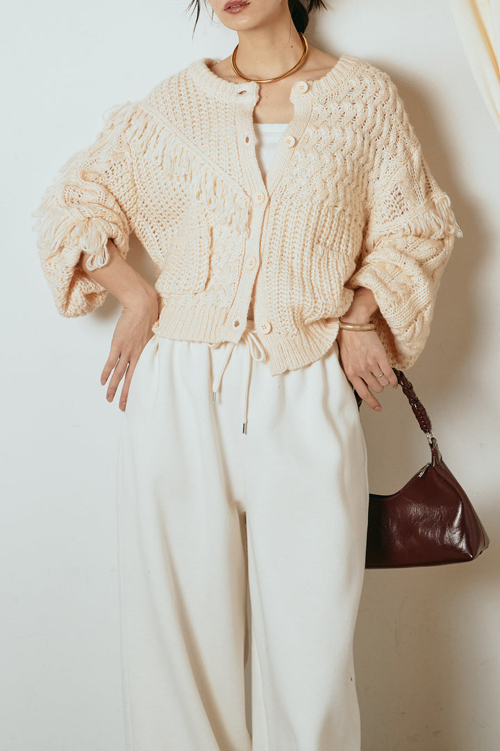 [SET]ランダムフリンジニットカーディガン+裏起毛スウェットワイドパンツ(2set)