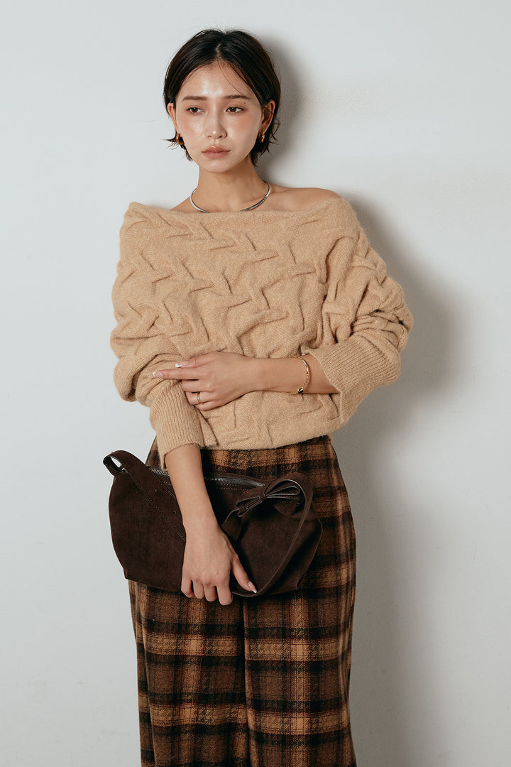 [SET]ボートネックニットトップス+ルーズタータンチェックワイドパンツ(2set)