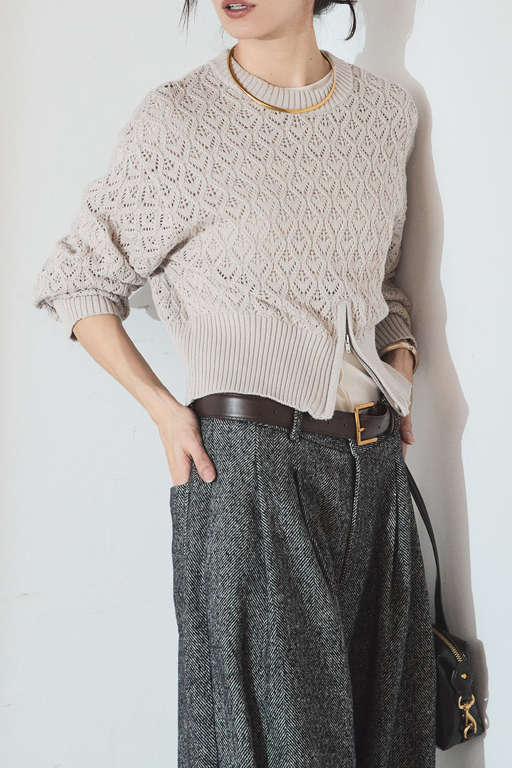 [SET]透かし編みニットジップスリットプルオーバー+タックツイードワイドパンツ(2set)