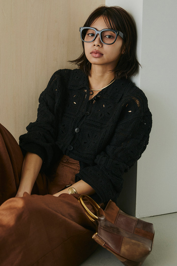 [SET]鍵編みフラワーレースカーディガン+タック入りワイドパンツ(2set)