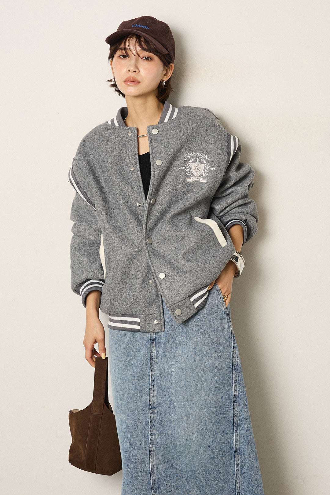 [SET]ワンポイントデザインブルゾン+デニムロングフレアスカート(2set)