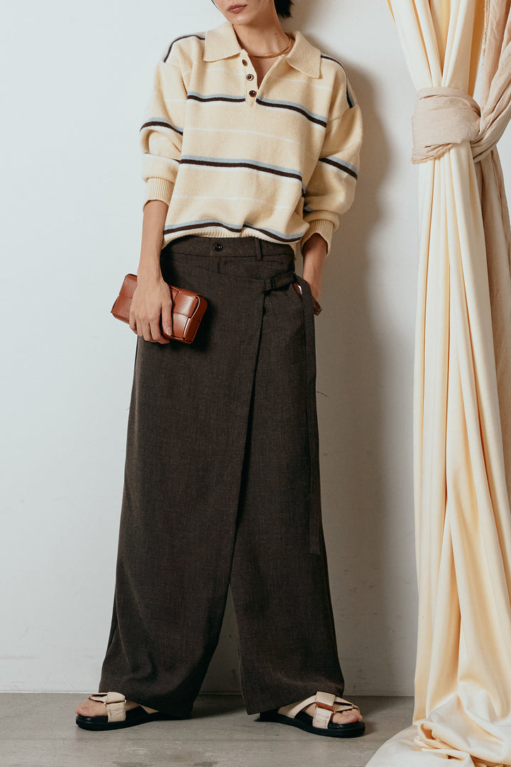 [SET]襟付きマルチボーダーニットポロトップス+ラップ巻きワイドスラックス(2set)