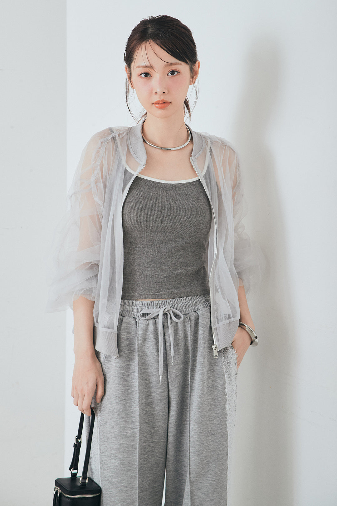 [SET]エアリーチュールスリーブシアーブルゾン+Wフェイスカットソーサイドレースラインパンツ(2set)