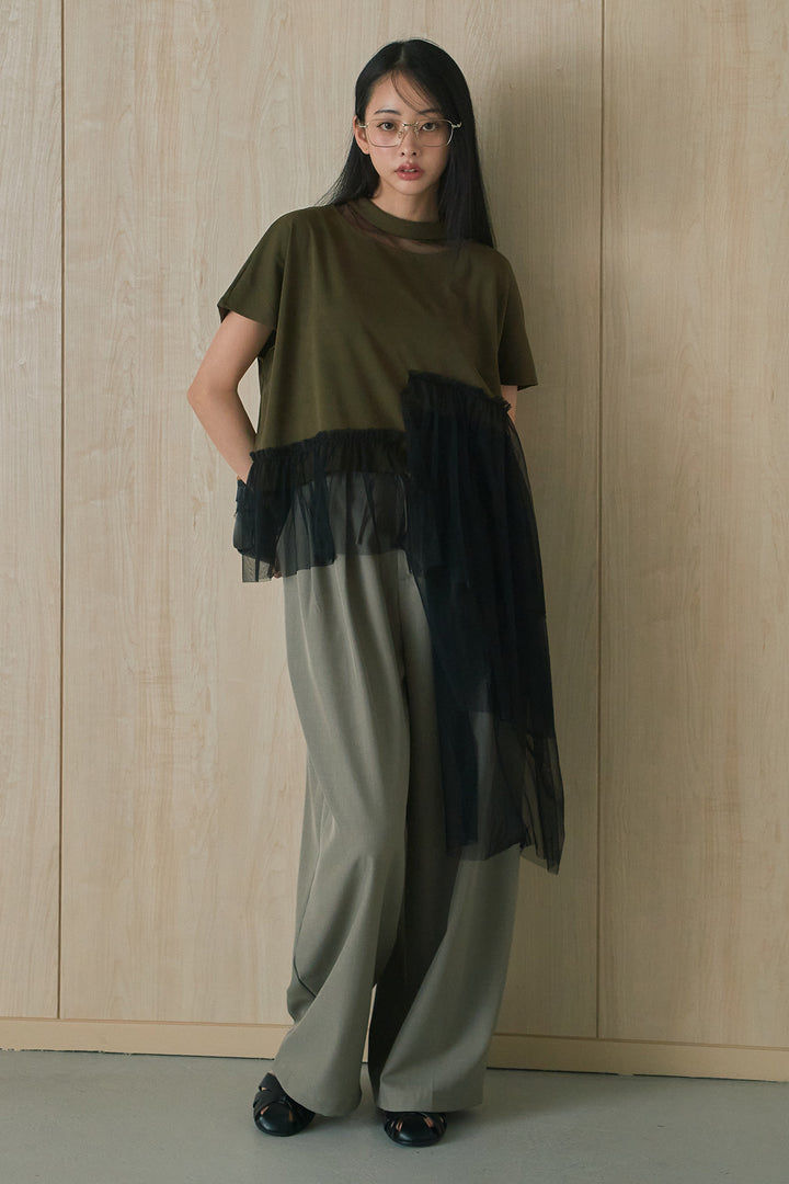 [SET]アシンメトリーチュールフリルTシャツ+ウエストデザインタックワイドパンツ(2set)