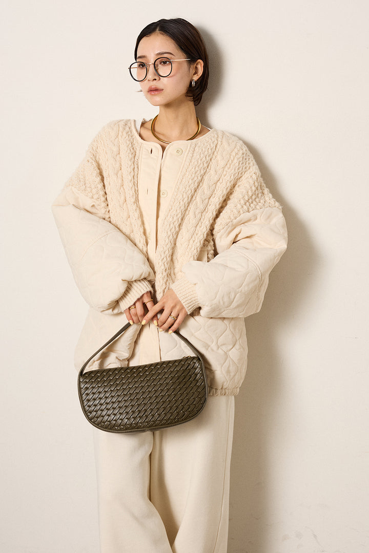 [SET]アラン編みニットノーカラー裾キルティングブルゾン+裏起毛スウェットワイドパンツ(2set)