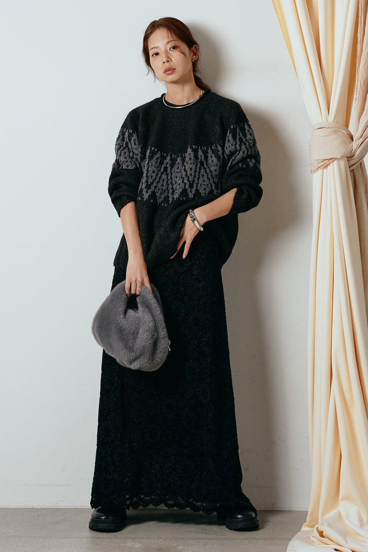 [SET]モノトーン柄ニットトップス+花柄刺繍ベロアフレアスカート(2set)