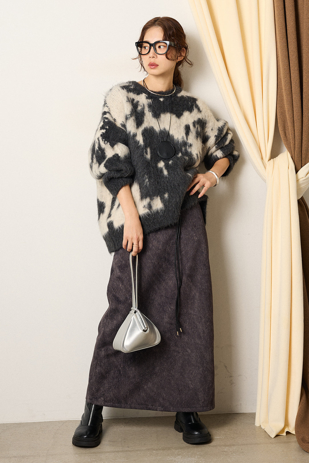 【着回しセット】[SET]モヘアタッチマーブルニット+タック入りコーデュロイワイドパンツ+ロープベルト付きスウェード調スカート(3set)