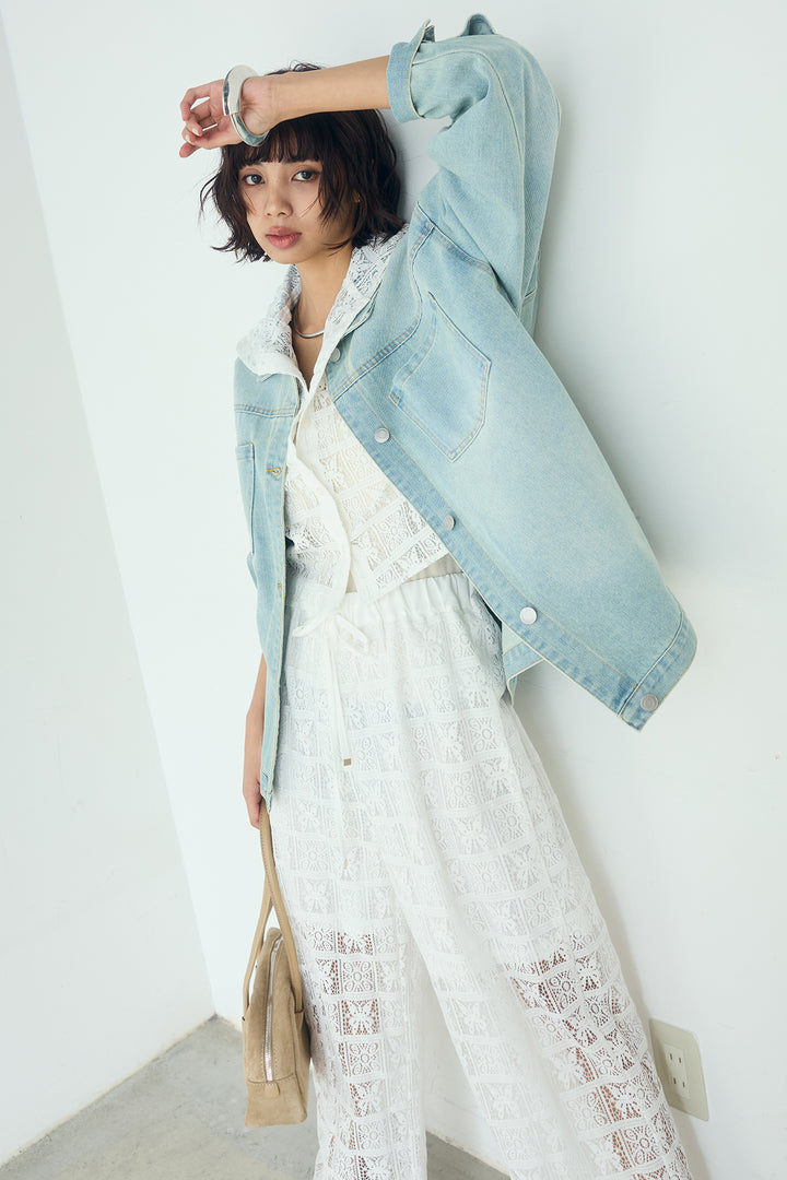 [SET]パッチワークレースショート丈フードシャツ+パッチワークレースイージーパンツ(2set)