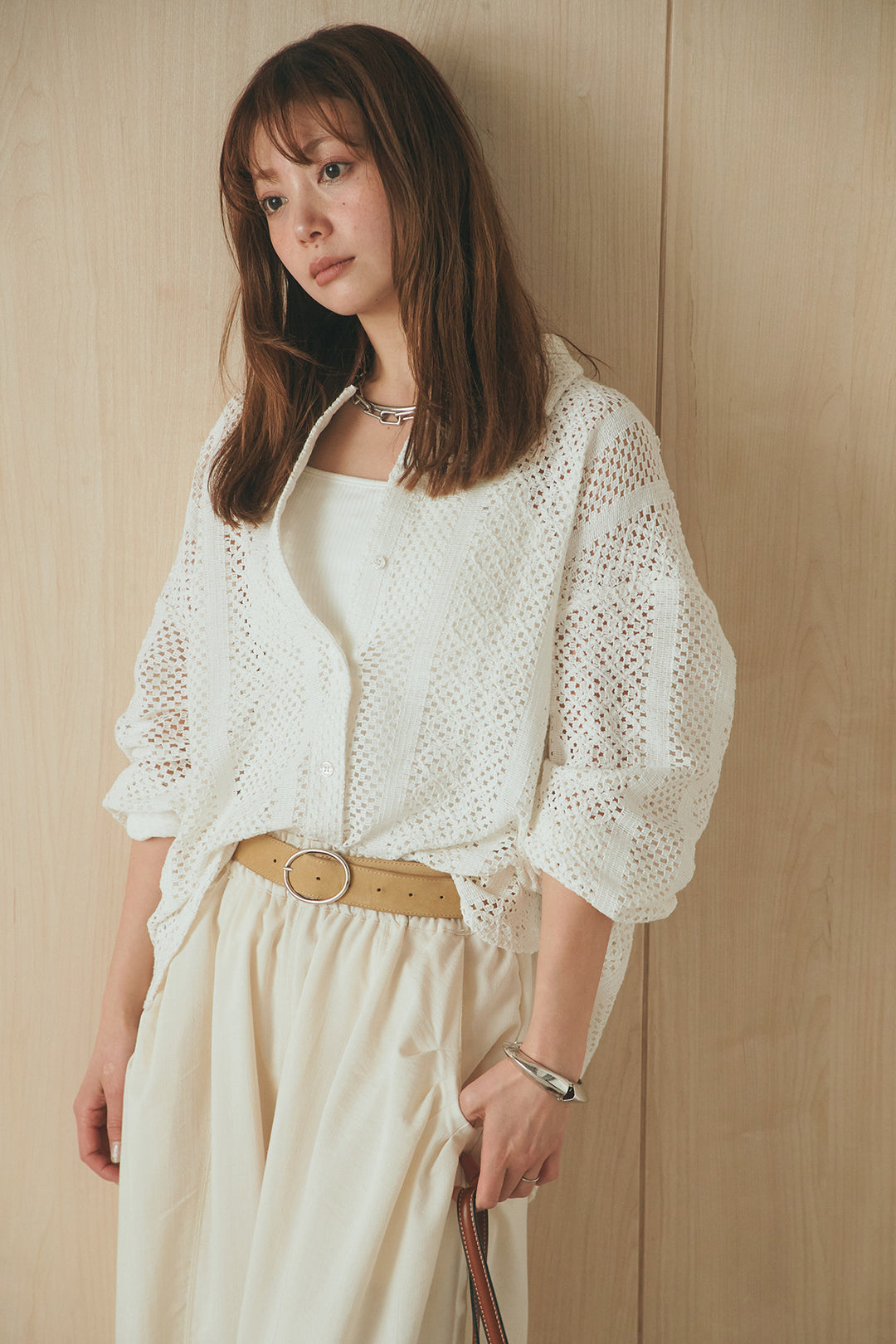 [SET]長袖襟付きレースシャツ+ポケットタックフォルムパンツ(2set)