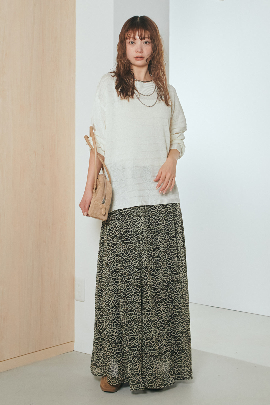 [SET]麻混リラックスニットトップス+リラックスレオパードロングスカート(2set)