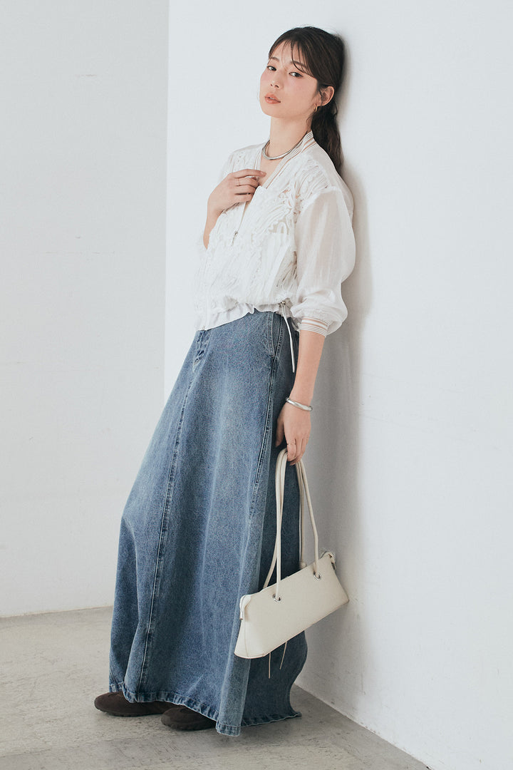 [SET]モチーフ付きシアーブルゾン+デニムロングフレアスカート(2set)